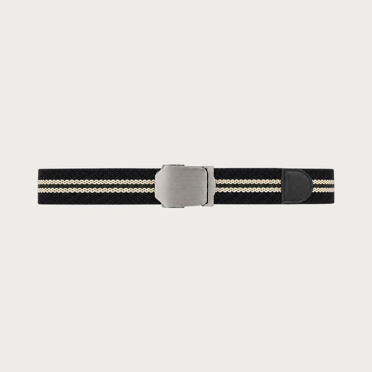 Ceinture Ceintura en toile rayée noir et beige déployée à plat, boucle automatique argentée mate