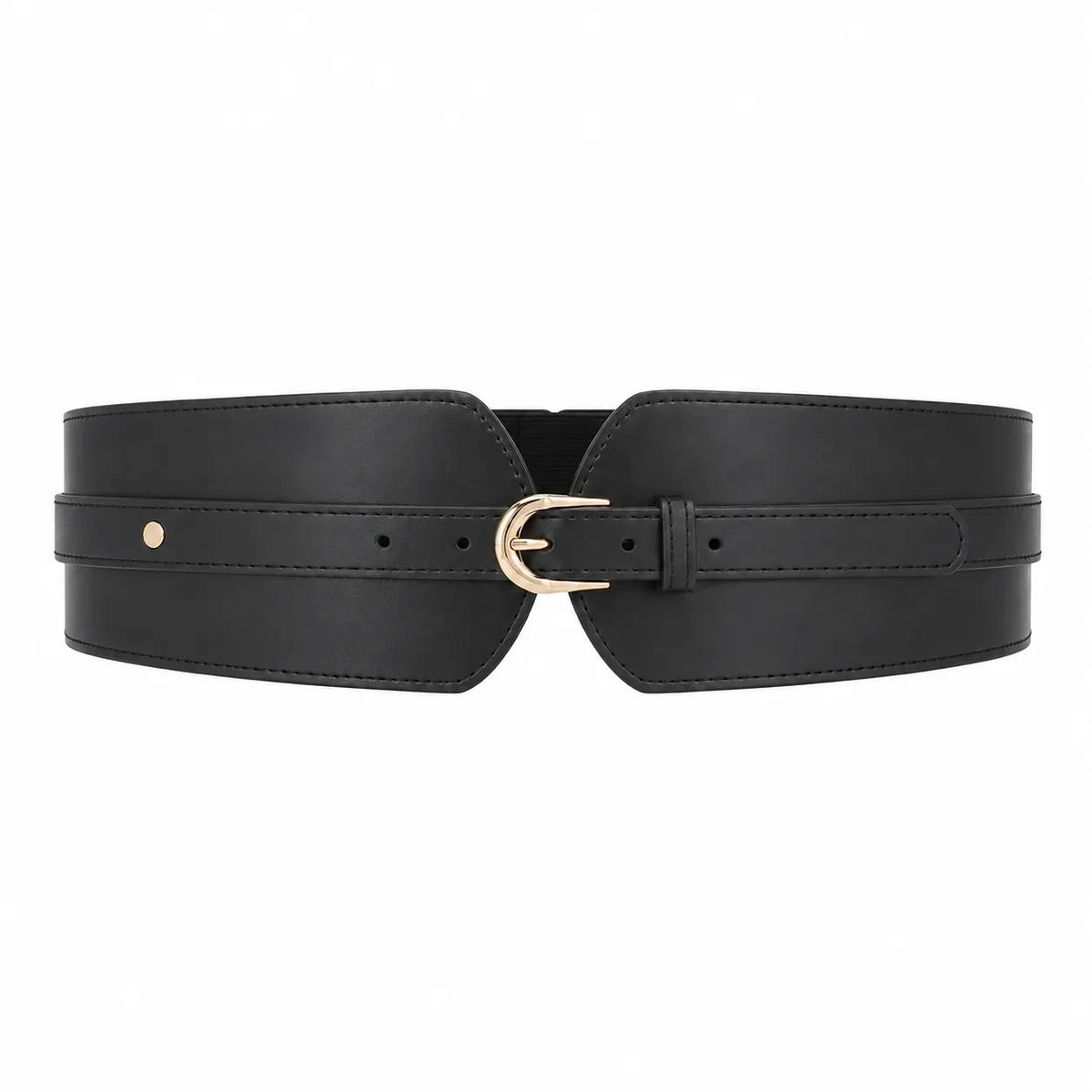 Ceinture large taille haute Ceintura Urbino en similicuir noir vue de face, boucle dorée en D et pans croisés