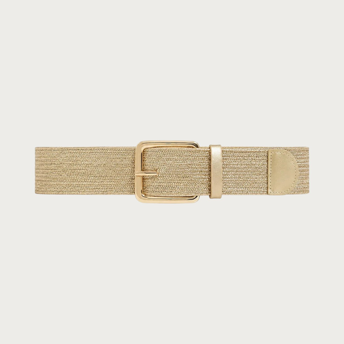 Ceinture large tressée Ceintura Bella couleur paille vue de face, boucle rectangulaire dorée et passant