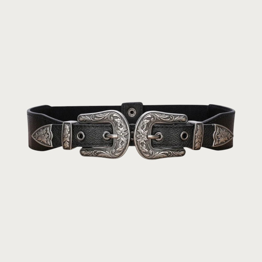 Ceinture western femme Ceintura Allegria noire à double boucle argentée gravée de motifs floraux Image