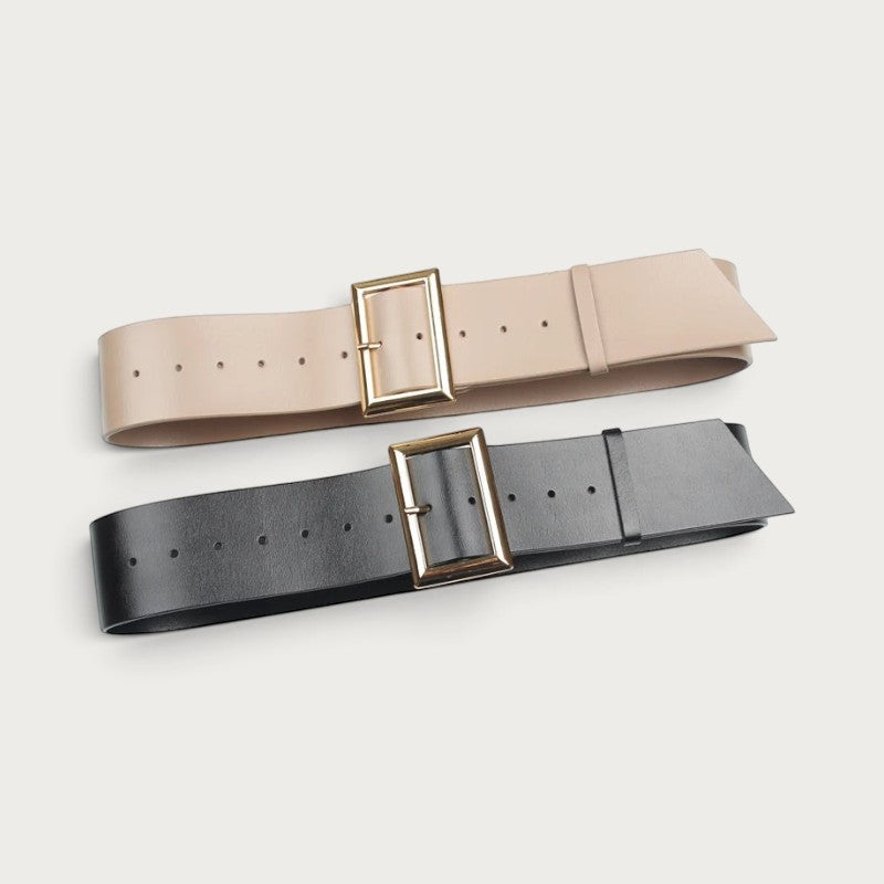 Deux ceintures larges Ceintura superposées, l'une beige et l'autre noire, boucles rectangulaires dorées Image