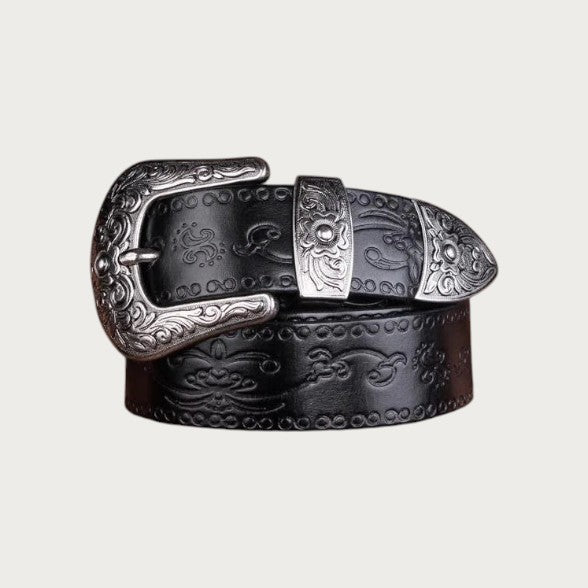 Ceinture western Ceintura Vittoria en cuir noir gaufré de rinceaux avec boucle ciselée argentée Image