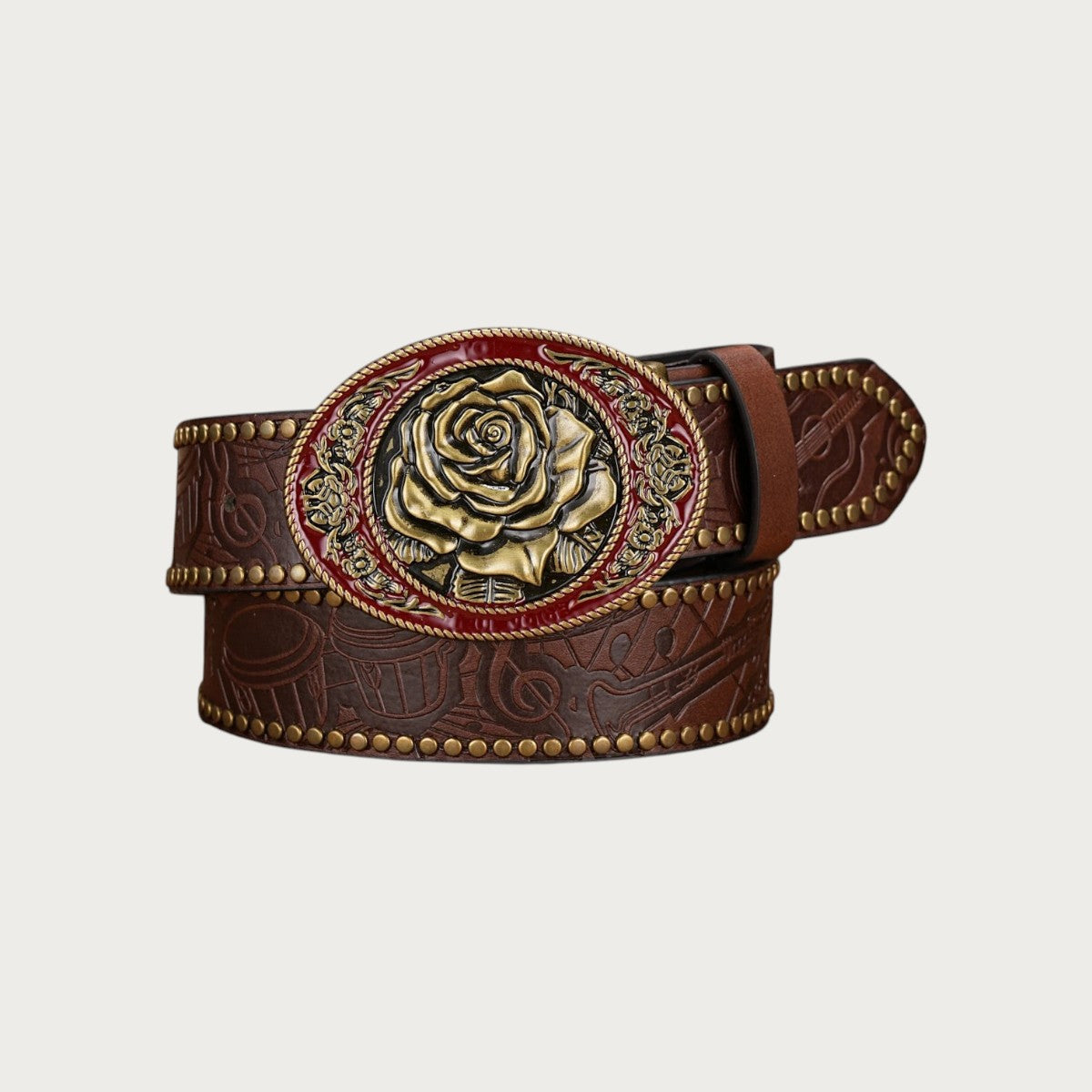 Ceinture country Ceintura Rosa marron café en similicuir gaufré avec boucle ovale à rose dorée en relief