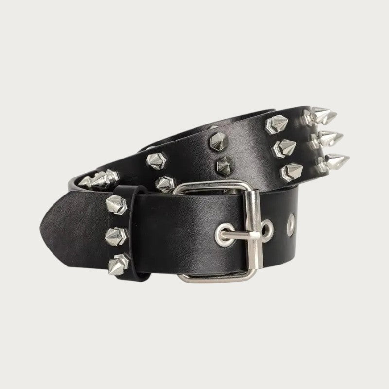 Ceinture punk Ceintura noire enroulée, boucle double ardillon argentée et rangs de pointes espacées
