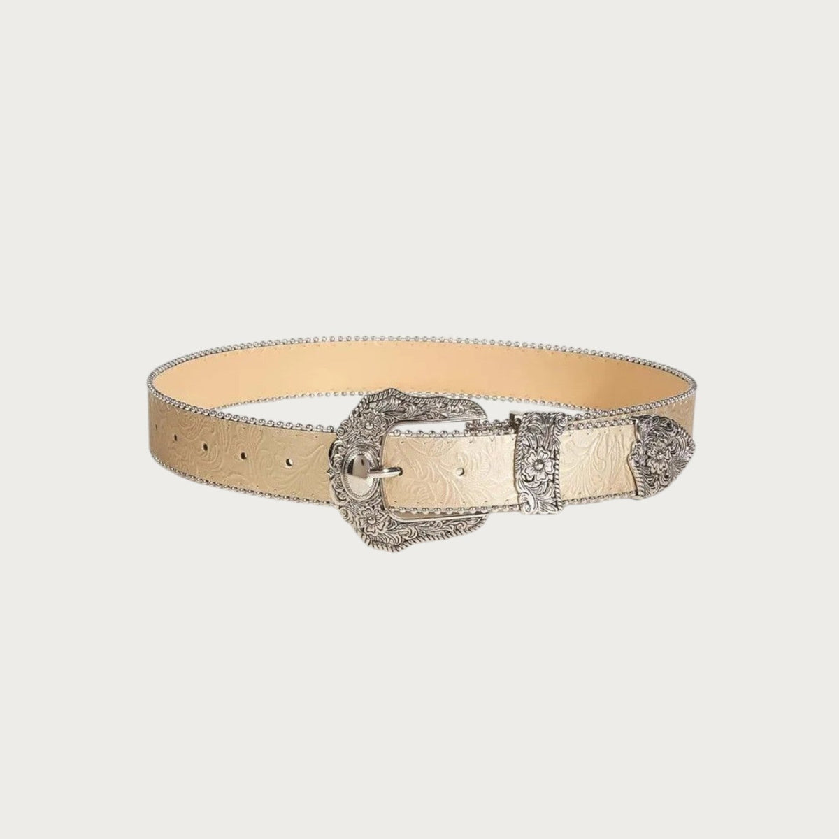 Ceinture western Ceintura Silvia dorée à plat avec boucle ciselée et liseré de billes argentées