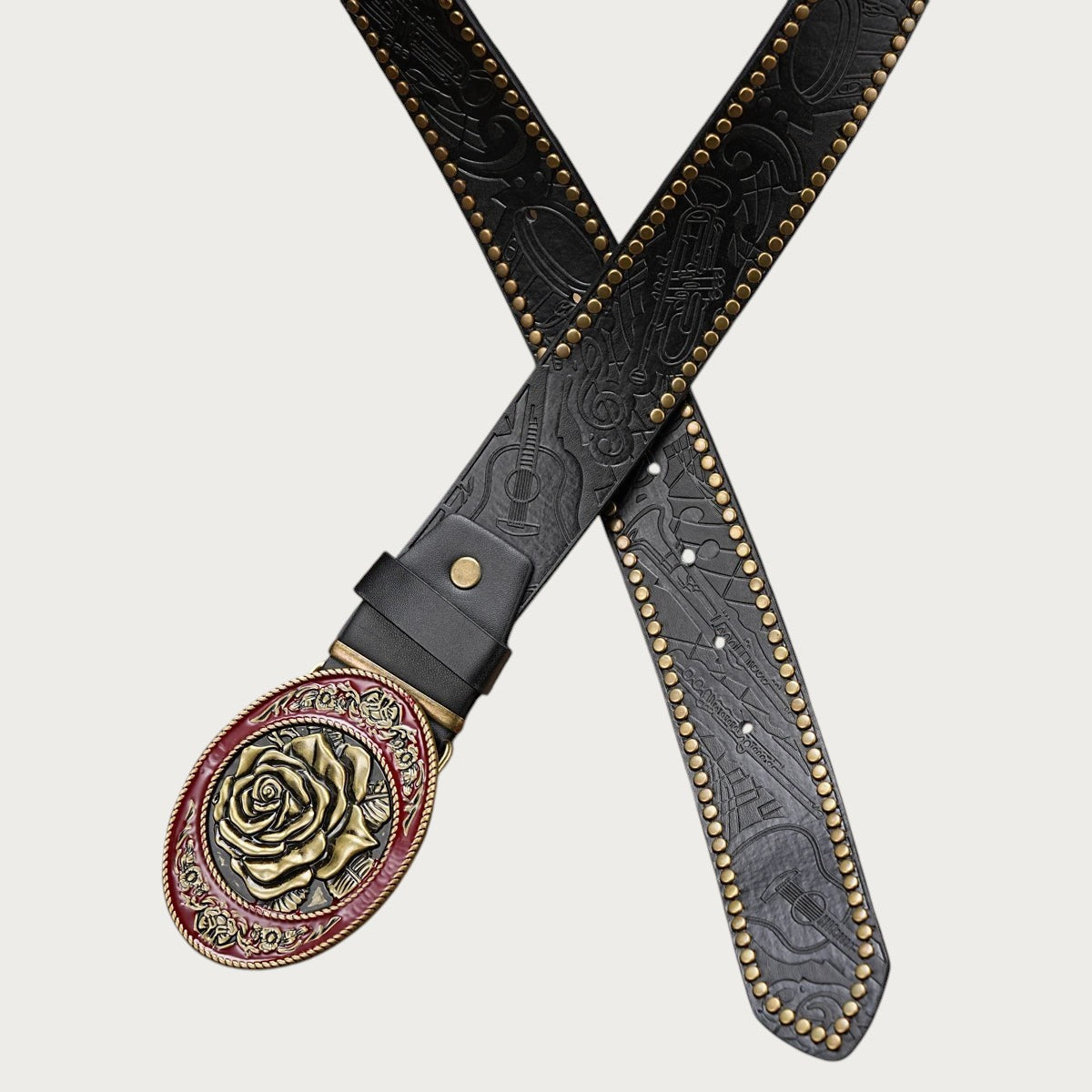 Ceinture country femme Ceintura Rosa noire aux motifs floraux gaufrés et boucle ovale à rose dorée