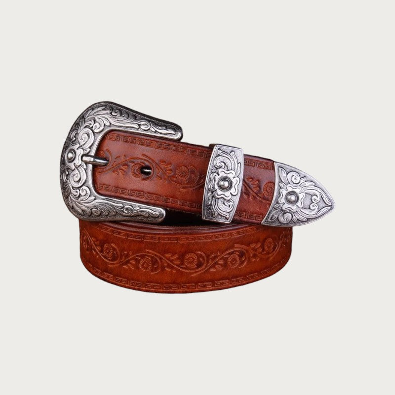 Ceinture western Ceintura Vittoria en cuir acajou gaufré de motifs floraux avec parure de boucle argentée