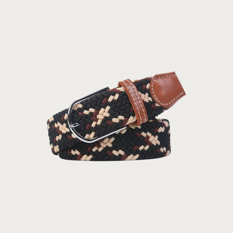 Ceinture tressée Ceintura Giuseppe noire et beige en toile élastique et finitions en cuir marron