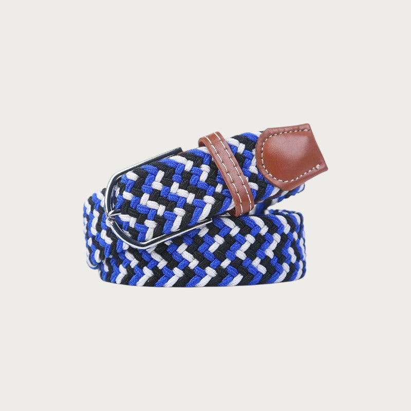 Ceinture tressée Ceintura Giuseppe bleu roi et blanc en toile élastique et passant en cuir marron