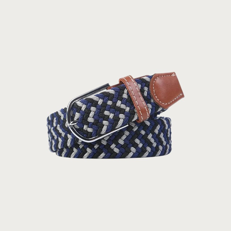 Ceinture tressée Ceintura Giuseppe bleu marine et gris clair en toile élastique et passant en cuir