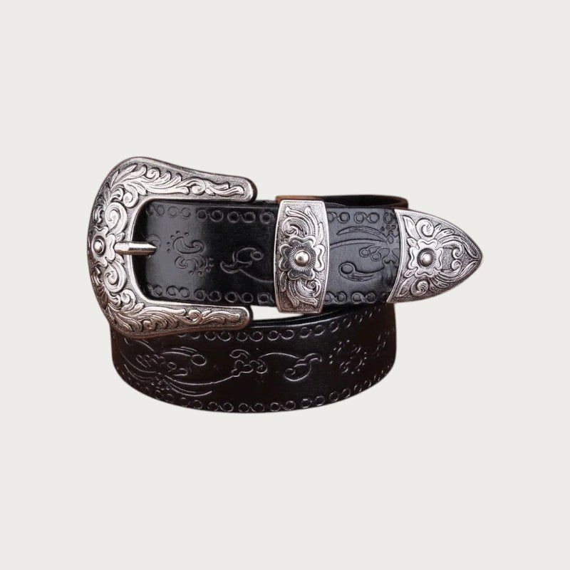 Ceinture western Ceintura Vittoria en cuir noir avec boucle ciselée argentée et embout assorti