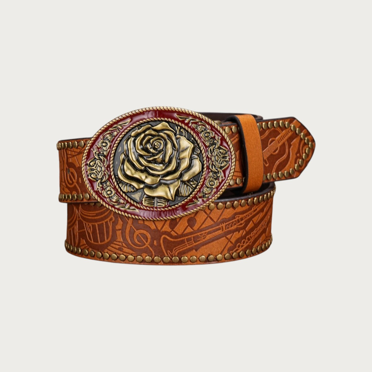 Ceinture country Ceintura Rosa camel en similicuir gaufré avec boucle ovale à rose dorée cerclée de rouge