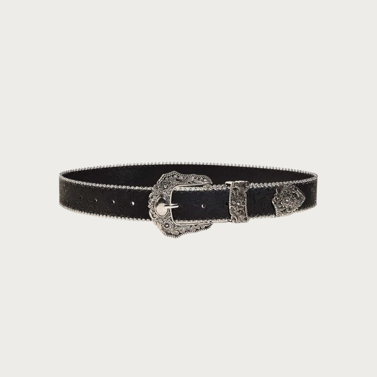 Ceinture western femme Ceintura Silvia noire à boucle ciselée argentée et liseré de billes