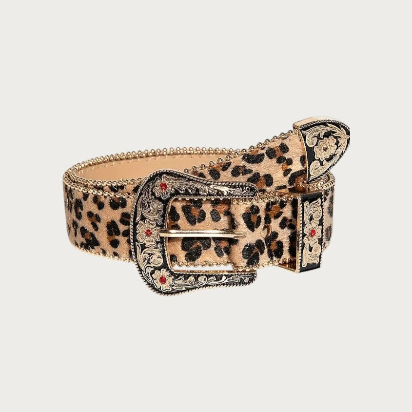 Gros plan sur la boucle vintage et les strass rouges de la ceinture léopard Ceintura Ambra Image