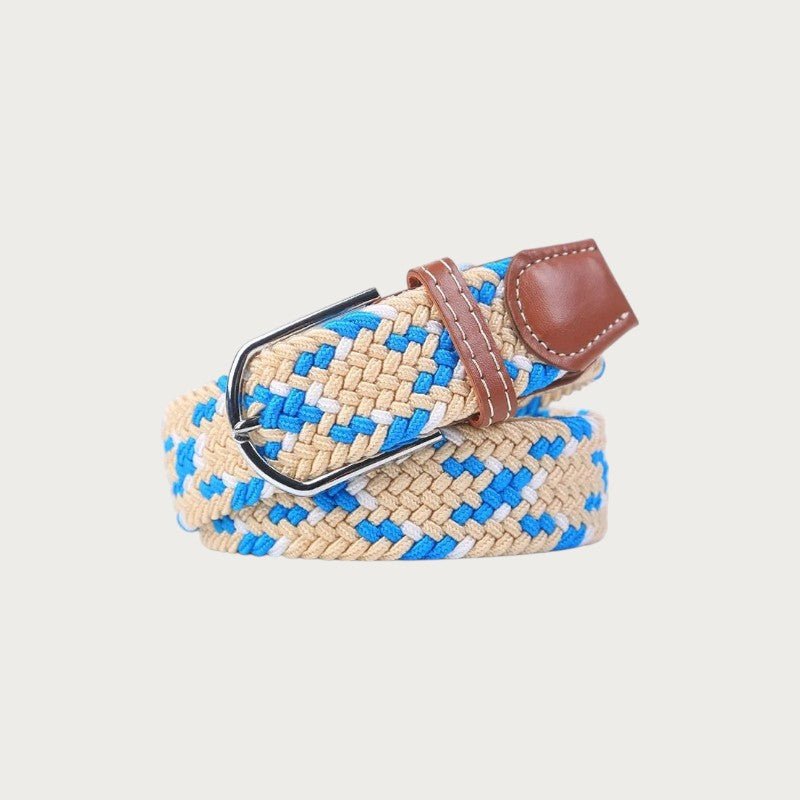 Ceinture tressée Ceintura Giuseppe beige et bleu ciel en toile élastique avec boucle ardillon et passant en cuir Image