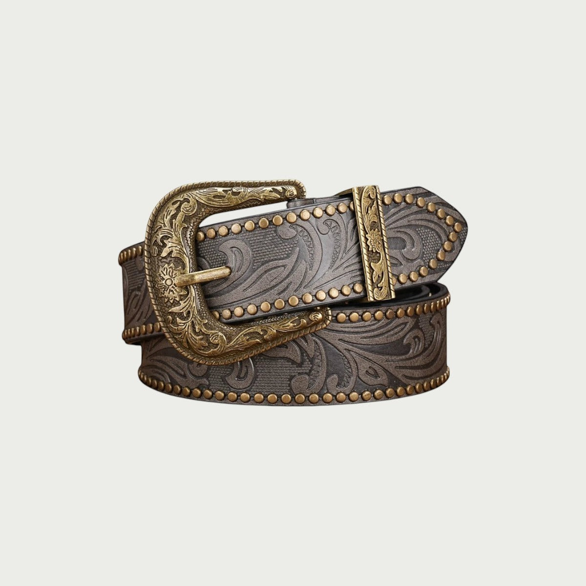 Ceinture western femme Ceintura Concordia gris foncé à motifs floraux repoussés et boucle dorée