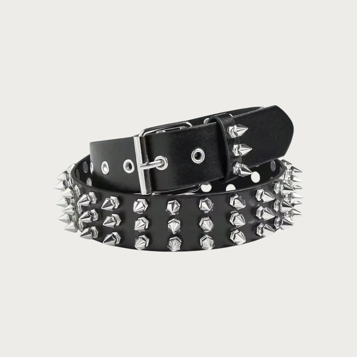 Ceinture punk Ceintura noire enroulée, trois rangs de pointes coniques argentées et boucle à ardillon