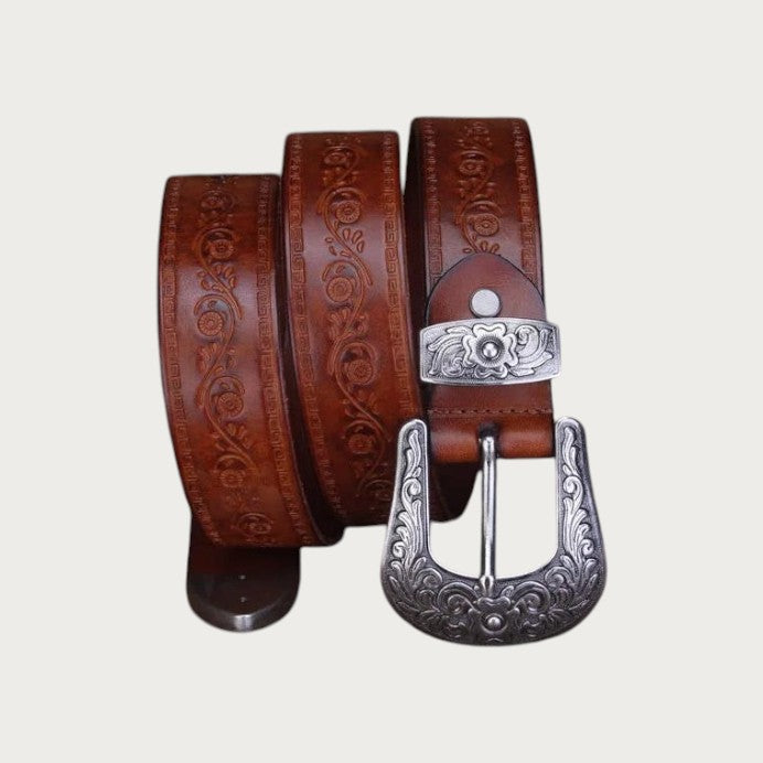 Ceinture Ceintura Vittoria en cuir cognac enroulée, gaufrage floral en relief sur toute la sangle