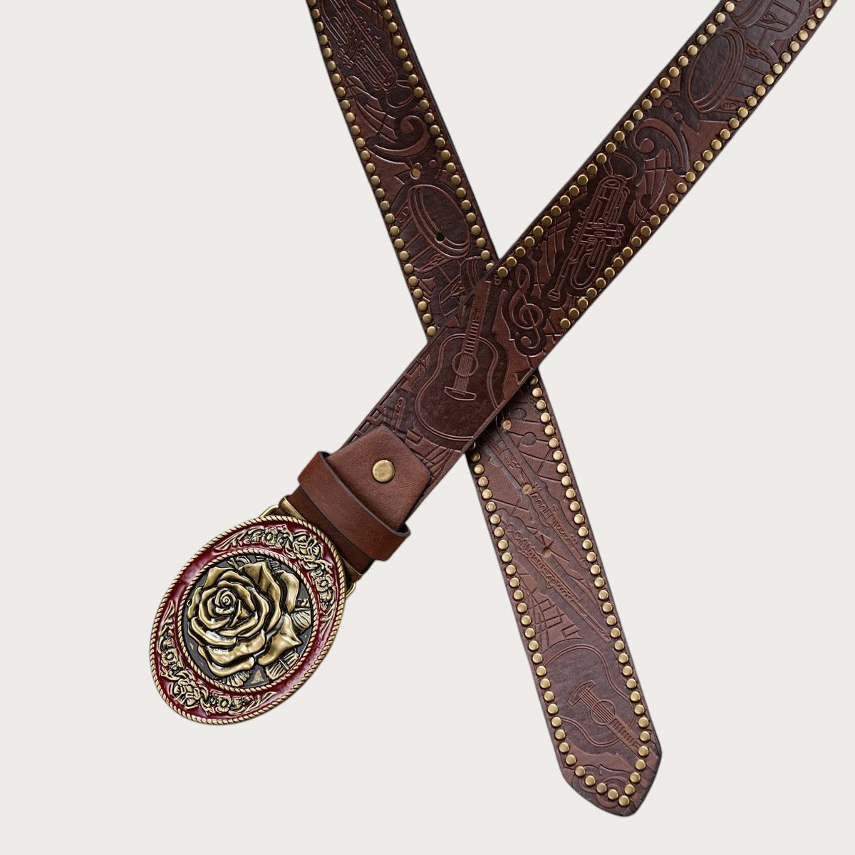 Ceinture country femme Ceintura Rosa marron foncé aux motifs floraux gaufrés et bordure de clous dorés