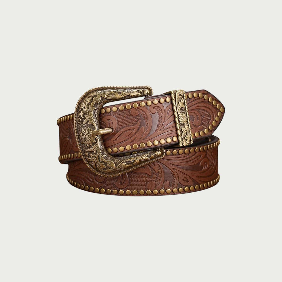 Ceinture western femme Ceintura Concordia brun rouge à motifs floraux repoussés et bordure de clous dorés