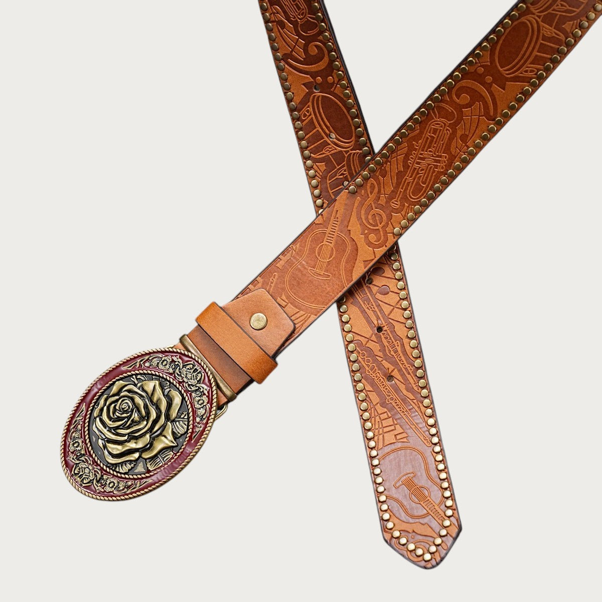 Ceinture country femme Ceintura Rosa camel aux motifs floraux gaufrés et boucle ovale à rose dorée Image