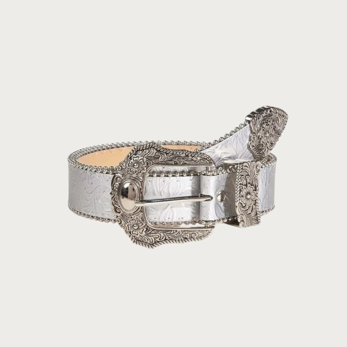 Ceinture western femme Ceintura Silvia argentée métallisée à boucle ciselée et embout assorti