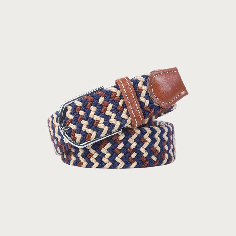 Ceinture tressée Ceintura Giuseppe bleu marine et beige en toile élastique avec boucle ardillon argentée