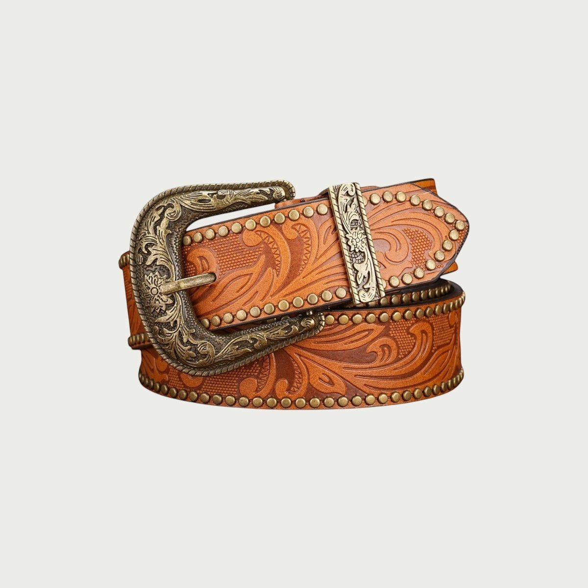 Ceinture western femme Ceintura Concordia cognac à motifs floraux repoussés et boucle dorée gravée