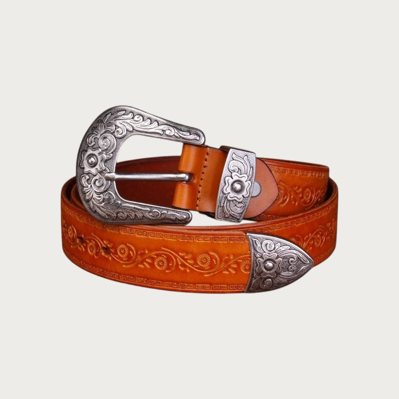 Ceinture Ceintura Vittoria en cuir cognac enroulée, boucle ciselée argentée et passant gravé