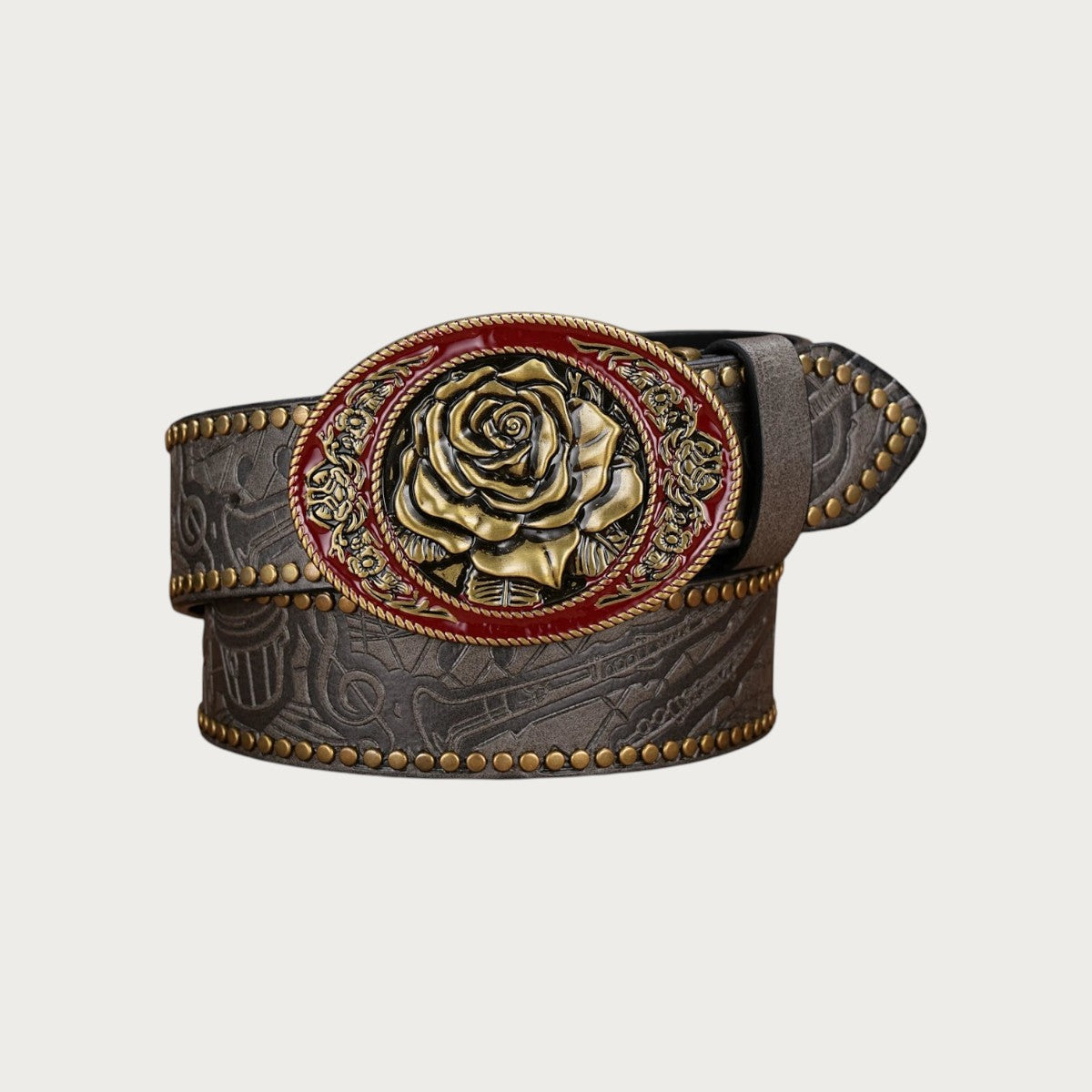 Ceinture country Ceintura Rosa gris foncé en similicuir gaufré avec boucle ovale à rose dorée et clous dorés