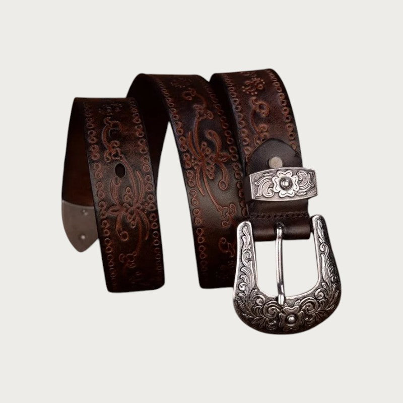 Ceinture western Ceintura Vittoria en cuir brun foncé aux motifs floraux embossés