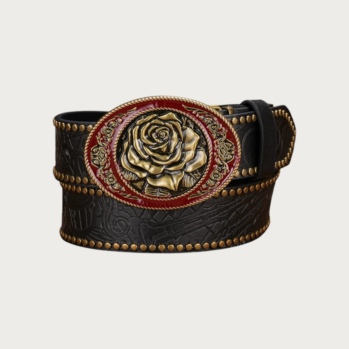 Ceinture country Ceintura Rosa noire en similicuir gaufré avec boucle ovale à rose dorée et bordure cloutée Image