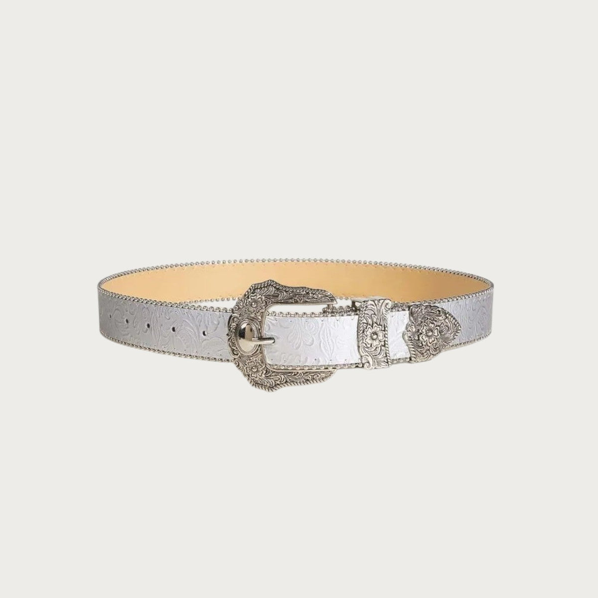 Ceinture western Ceintura Silvia argentée à plat, boucle ciselée et bordure de billes argentées