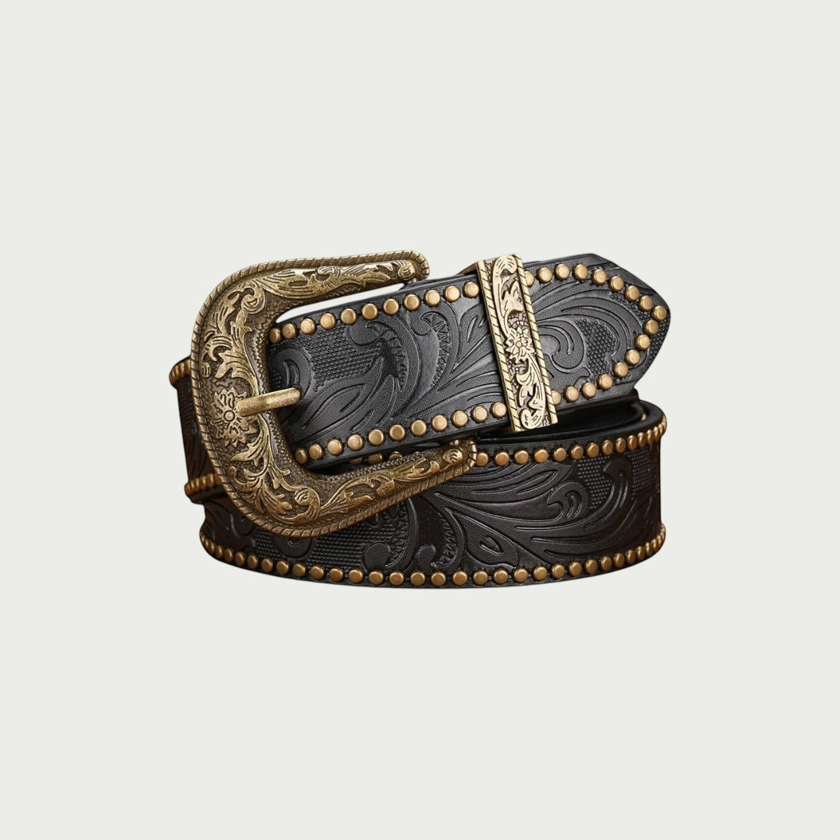 Ceinture western femme Ceintura Concordia noire à motifs floraux repoussés et clous dorés en dôme