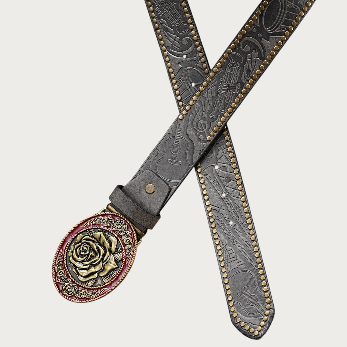 Ceinture country femme Ceintura Rosa grise aux motifs floraux gaufrés et bordure de clous dorés