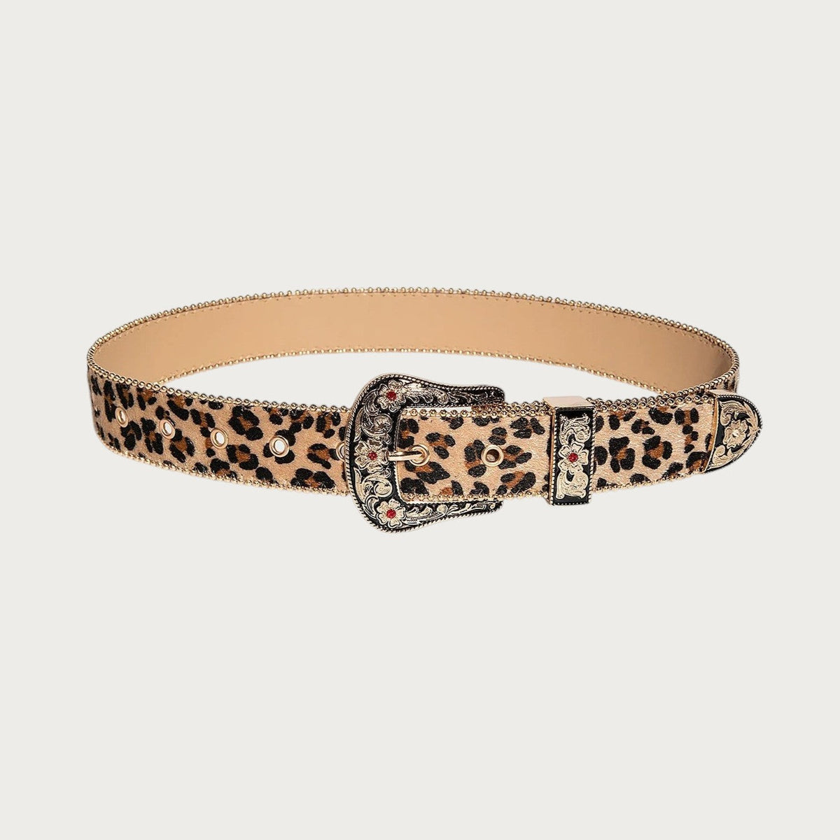 Ceinture cowboy femme Ceintura Ambra à imprimé léopard avec boucle vintage gravée et bordure de billes