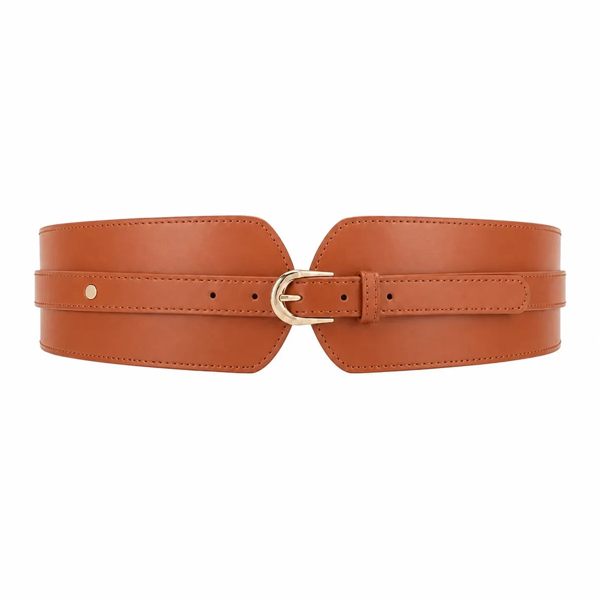Ceinture large taille haute Ceintura Urbino en similicuir cognac vue de face, boucle dorée en D et pans croisés