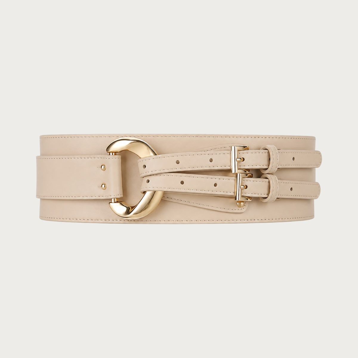 Ceintura large beige cowskin leather cummerbund for women with a decorative gold-tone metal buckle and double straps