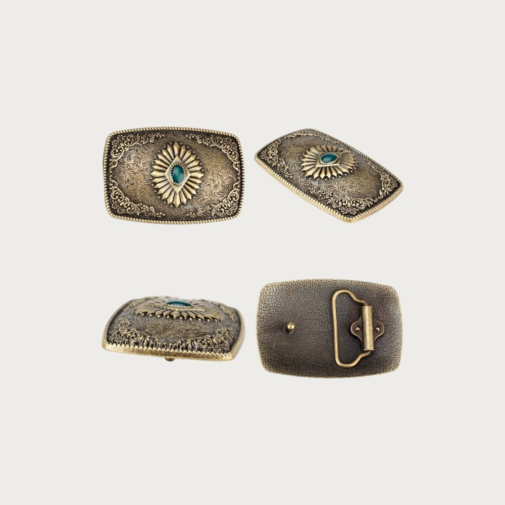 Boucle de ceinture western Ceintura dorée ciselée avec pierre turquoise centrale, vue sous plusieurs angles. Image