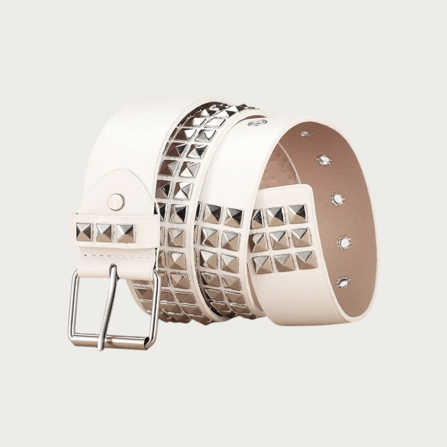 Ceinture Ceintura Mantoue blanche en similicuir avec trois rangées de clous pyramidaux argentés style punk