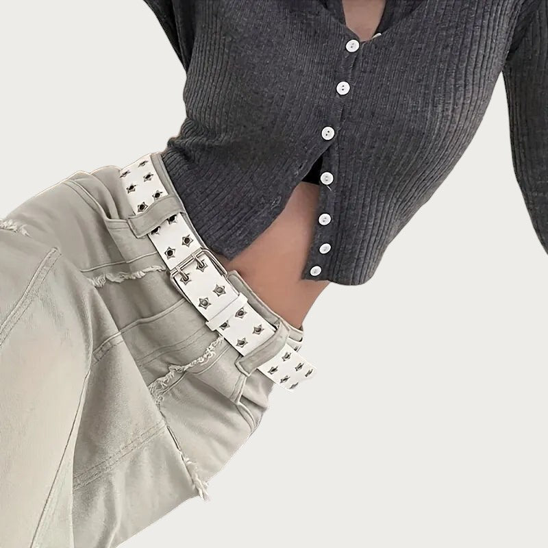 Ceintura ceinture blanche en similicuir style punk avec rivets en forme d'étoile et double boucle ardillon