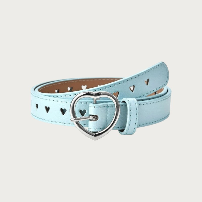 Ceinture Ceintura bleu clair en similicuir avec boucle en forme de cœur et détails découpés en cœur