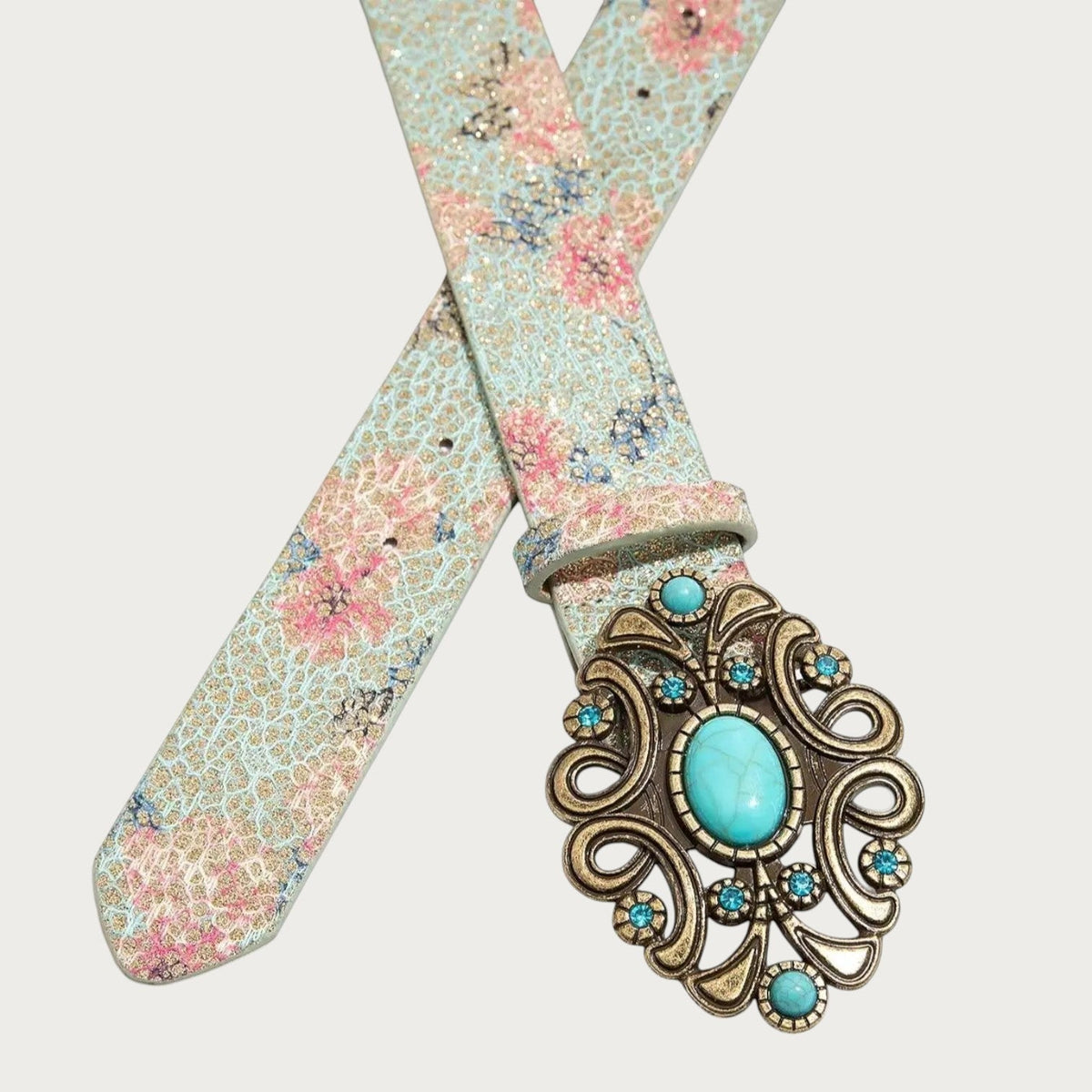 Ceinture Ceintura bohème en similicuir à motif floral, fond nacré craquelé et boucle western avec pierre turquoise