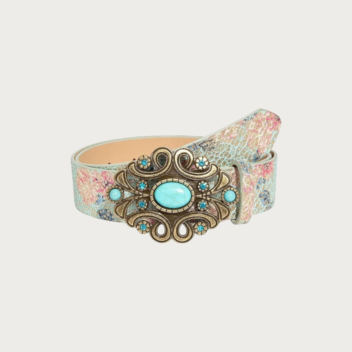 Ceinture bohème Ceintura en similicuir à imprimé floral nacré avec boucle western ornée d'une pierre turquoise