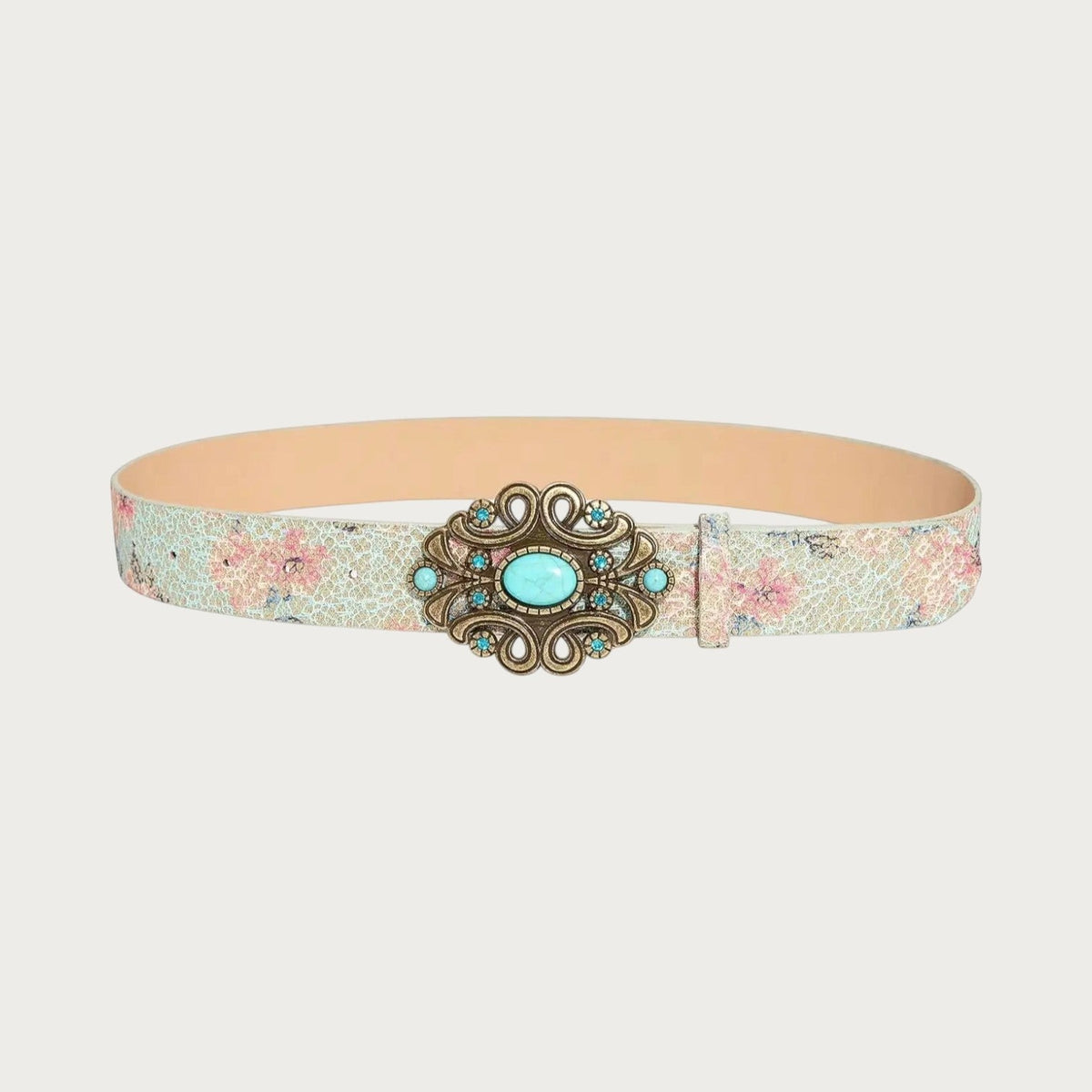 Ceinture bohème Ceintura en similicuir à motif floral, fond nacré craquelé et boucle western avec pierre turquoise