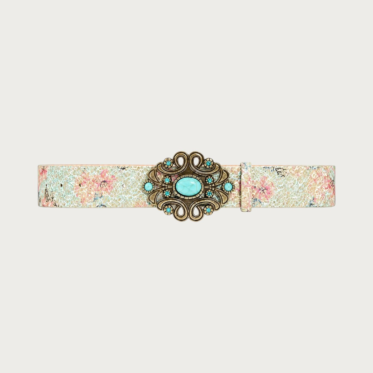 Ceinture Ceintura bohème pour femme en similicuir à motif floral, boucle en métal vieilli avec pierre turquoise