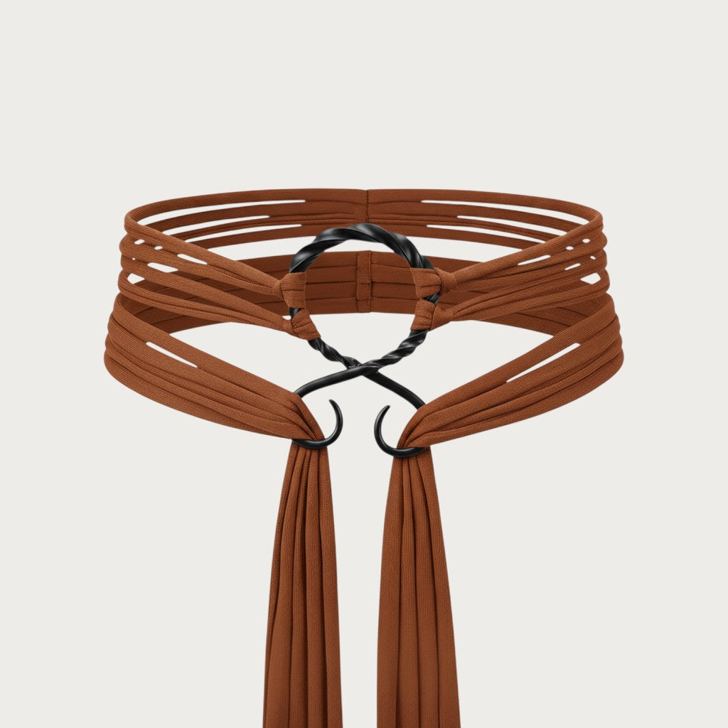 Ceinture bohème Ceintura Delicata marron à fines lanières souples et anneau torsadé en métal foncé Image