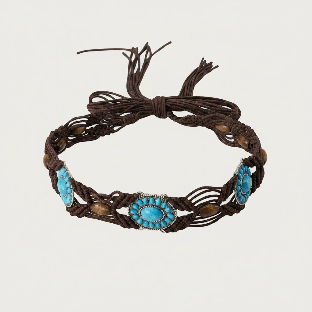 Ceinture bohème Ceintura tressée marron enroulée en cercle, conchos turquoise et brins noués en macramé Image