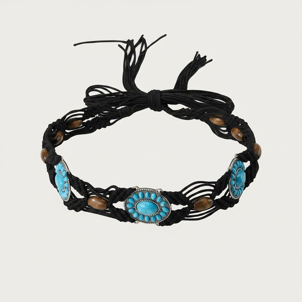 Ceinture bohème Ceintura tressée noire avec conchos turquoise et perles de bois style hippie Image