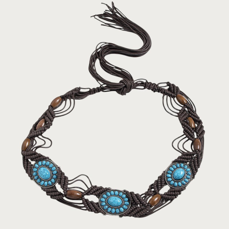 Ceinture bohème Ceintura tressée en macramé brun avec conchos turquoise et perles de bois style hippie